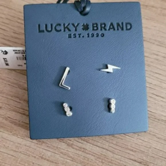 Lucky Brand Earrings thunderbolt Letter L circular studs Silver toned New - Picture 8 of 8
